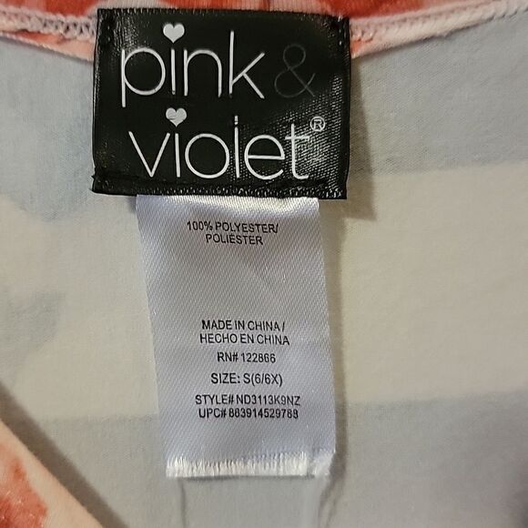 PINK & VIOLET FLORAL SKATER DRESS WITH NAVY BLUE AND WHITE STRIPES, SIZE 6 - Picture 4 of 5